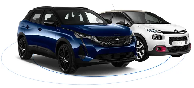 Une Peugeot bleue et une Citroen blanche